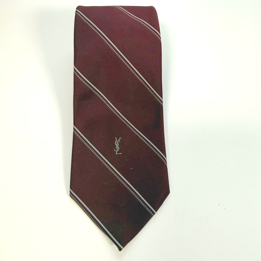 Vintage Yves Saint Laurent Necktie 3.25" Silk Diagonal Stripe Burgundy Luxury